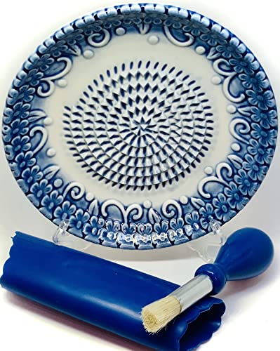 Premium Ceramic Garlic Grater Plate Set - Blue Embossed - Product Imagery