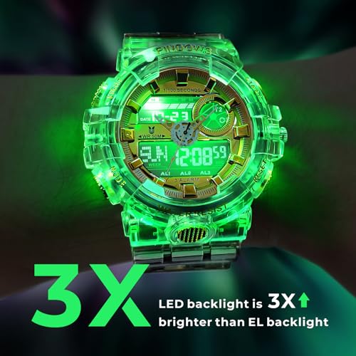 PINDOWS Analog Digital Watch for Men, Clear and Gold, 50M Water - Product Imagery