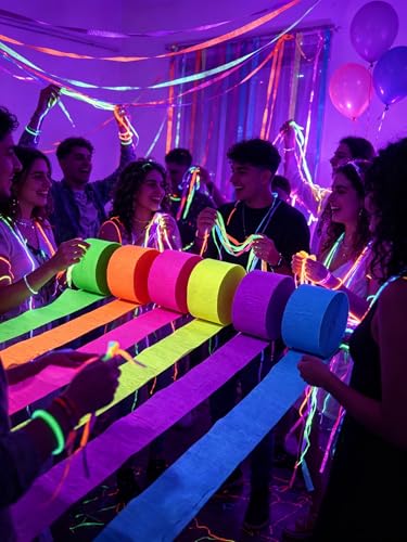 6 Rolls 600 Feet Neon Crepe Paper Streamers, UV Black Light - Product Imagery
