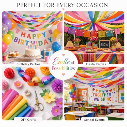 8 Crepe Paper Streamers, 656ft Pack of Rainbow Streamers Party - Product Imagery
