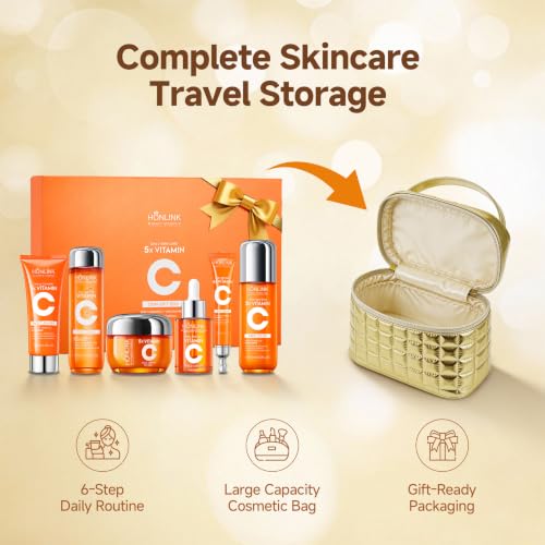 Vitamin C Skincare Gift Set Bundle + Gold Cosmetic Bag for Her - Product Imagery