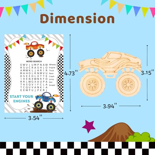 24 Pack Monster Truck Party Favors, DIY Wood Painting Craft Kit - Product Imagery