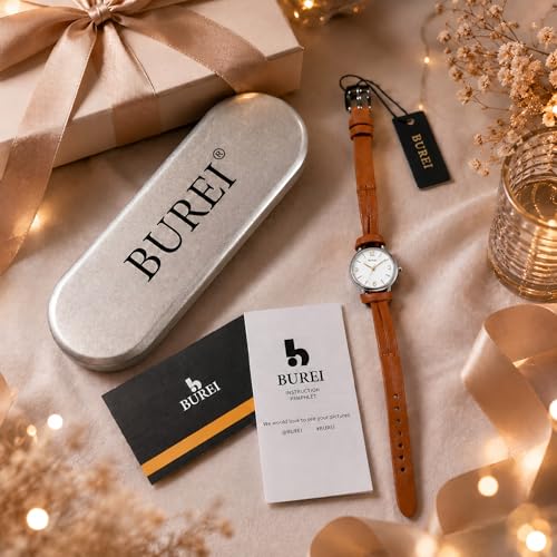BUREI Women's Brown Leather Strap Watch Small Dial Waterproof - Product Imagery