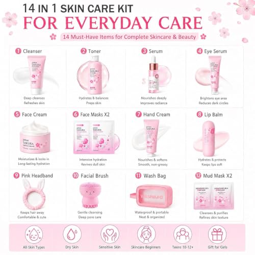 Sakura Skin Care Set for Kids Teen Girls, 14 PCS Daily Gentle - Product Imagery