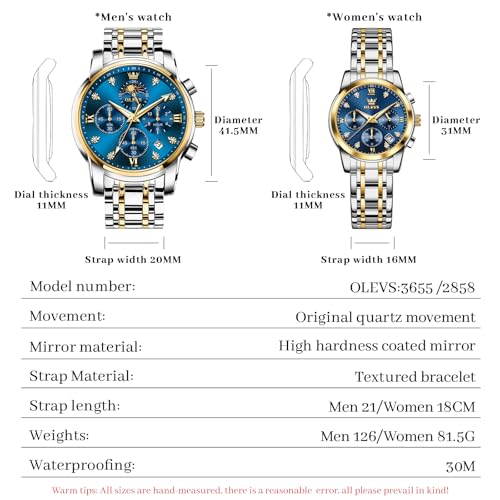 OLEVS Watches for Couple Luxury Fashion His and Hers Stainless - Product Imagery