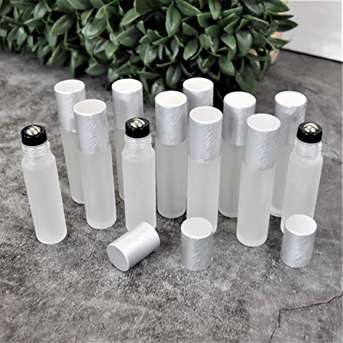 12-Pack Frosted Clear Glass Roller Bottles with Brushed Silver - Product Imagery