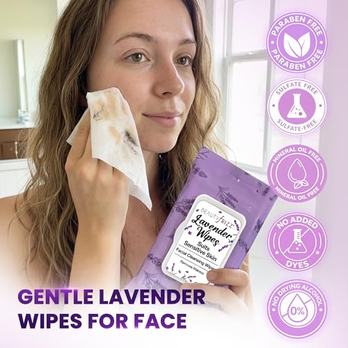 BeautyFrizz Lavender Face Wipes - No Rinse Makeup Remover - - Product Imagery