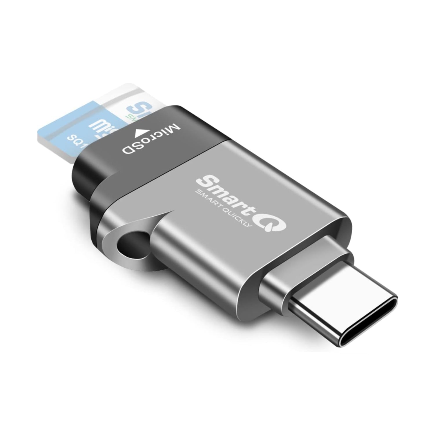 SmartQ C356 Type-C MicroSD card reader with USB 3.0 super speed technology, shown connected to a device with a MicroSD card inserted.