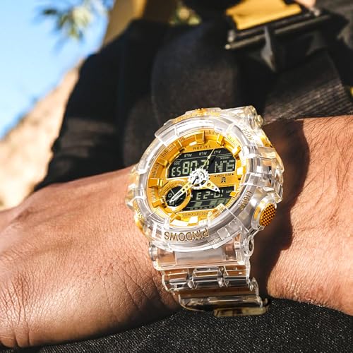 PINDOWS Analog Digital Watch for Men, Clear and Gold, 50M Water - Product Imagery
