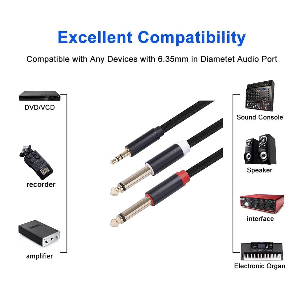 Yumiwoow 2pack 3.3Ft 3.5mm TRS to Dual 6.35mm Stereo Cable 1/8 TR by Yumiwoow - Angle View 2