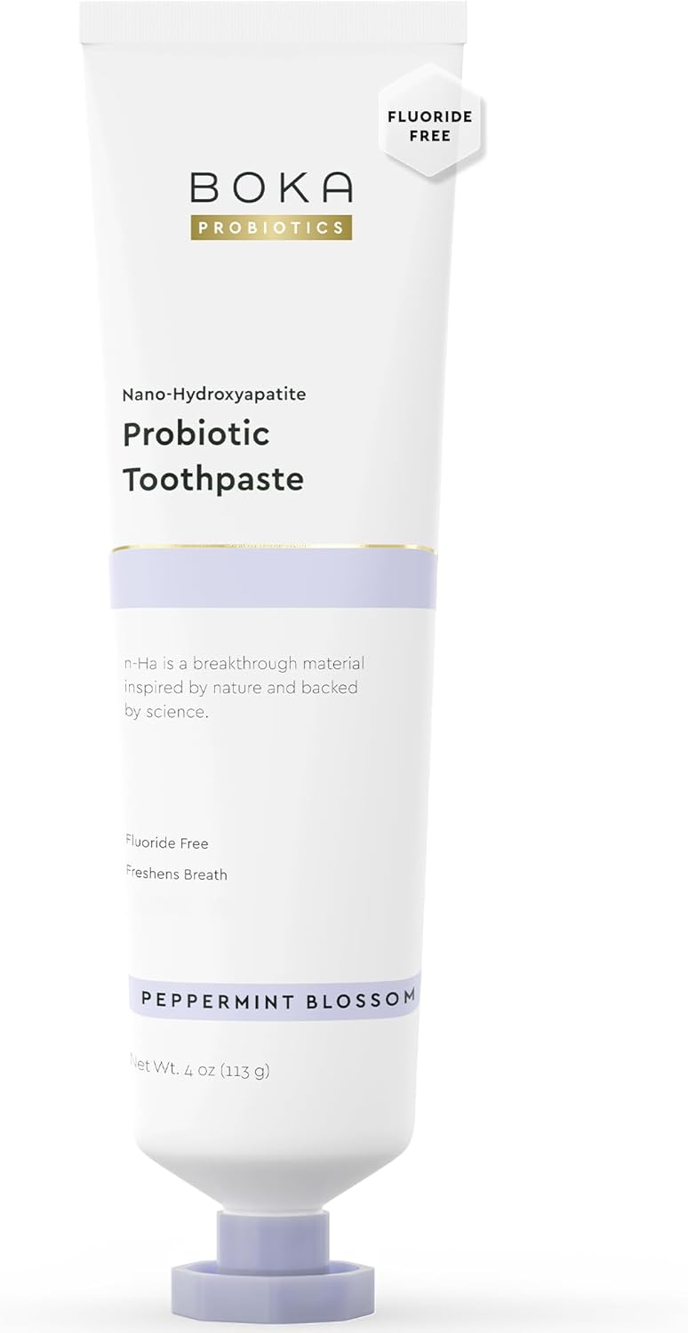 Boka fluoride-free toothpaste with nano hydroxyapatite for sensitive teeth, showing a tube of Boka oral care product.