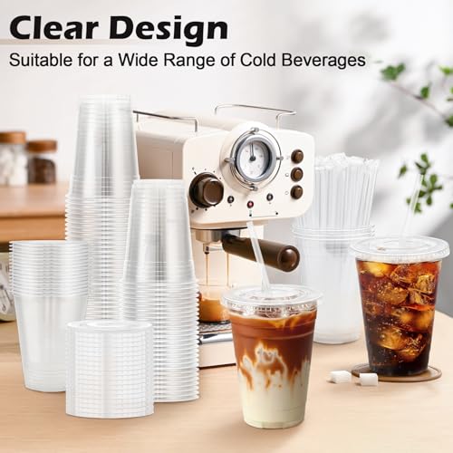 Lamosi 100 Pack 16 oz Clear Plastic Cups with Lids and Straws - Product Imagery