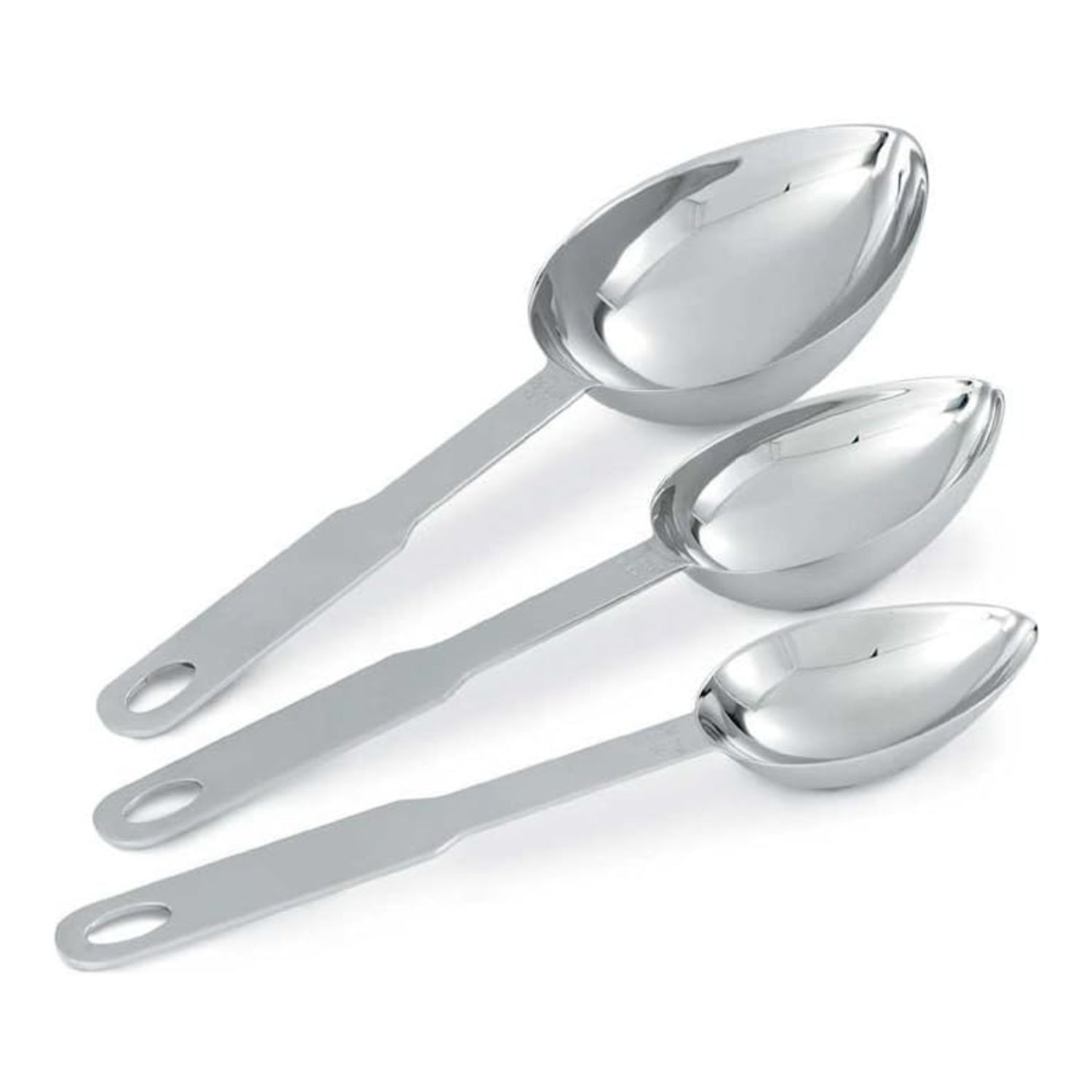 Set of four metal measuring spoons on a white background