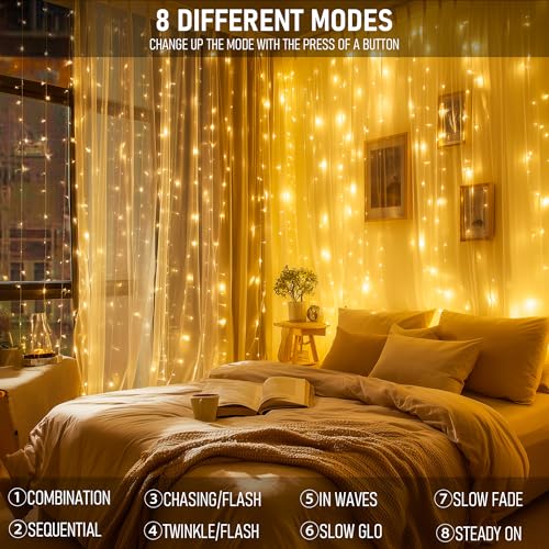 Dazzle Bright 300 LED Curtain Lights, Plug in Fairy Curtain - Product Imagery