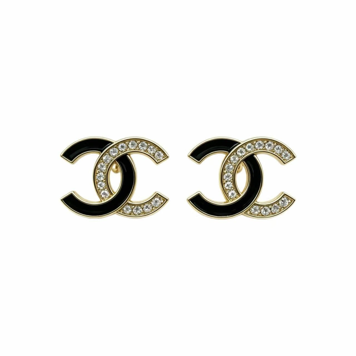 Glossy Black Enamel Rhinestone Two Tone Flat Stud Earrings - Premium Selection Official Imagery - 1