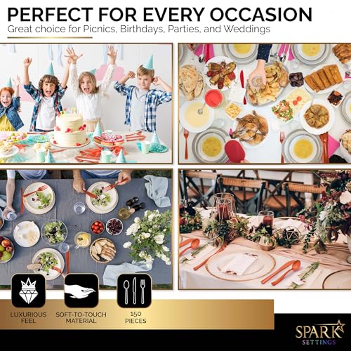 150 Pack Plastic Silverware Heavy Duty, Orange Disposable - Product Imagery