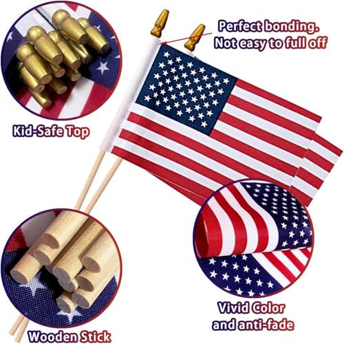 30 Packs 8x12 Inch Small American Flags on Stick, USA Wood Stick - Product Imagery