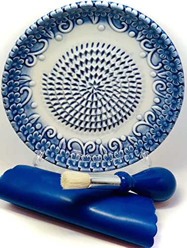 Premium Ceramic Garlic Grater Plate Set - Blue Embossed - Product Imagery