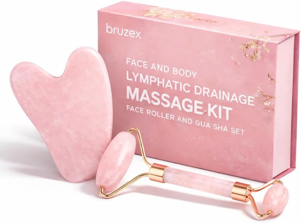 Bruizex Lymphatic Drainage Face Massager Set: Rose Quartz Face Roller & Gua Sha Facial Tool for Lymphatic Massage, Muscle Tension Relief, Skin Care, for Lymphatic Massage Oil, Serum & Face Cream