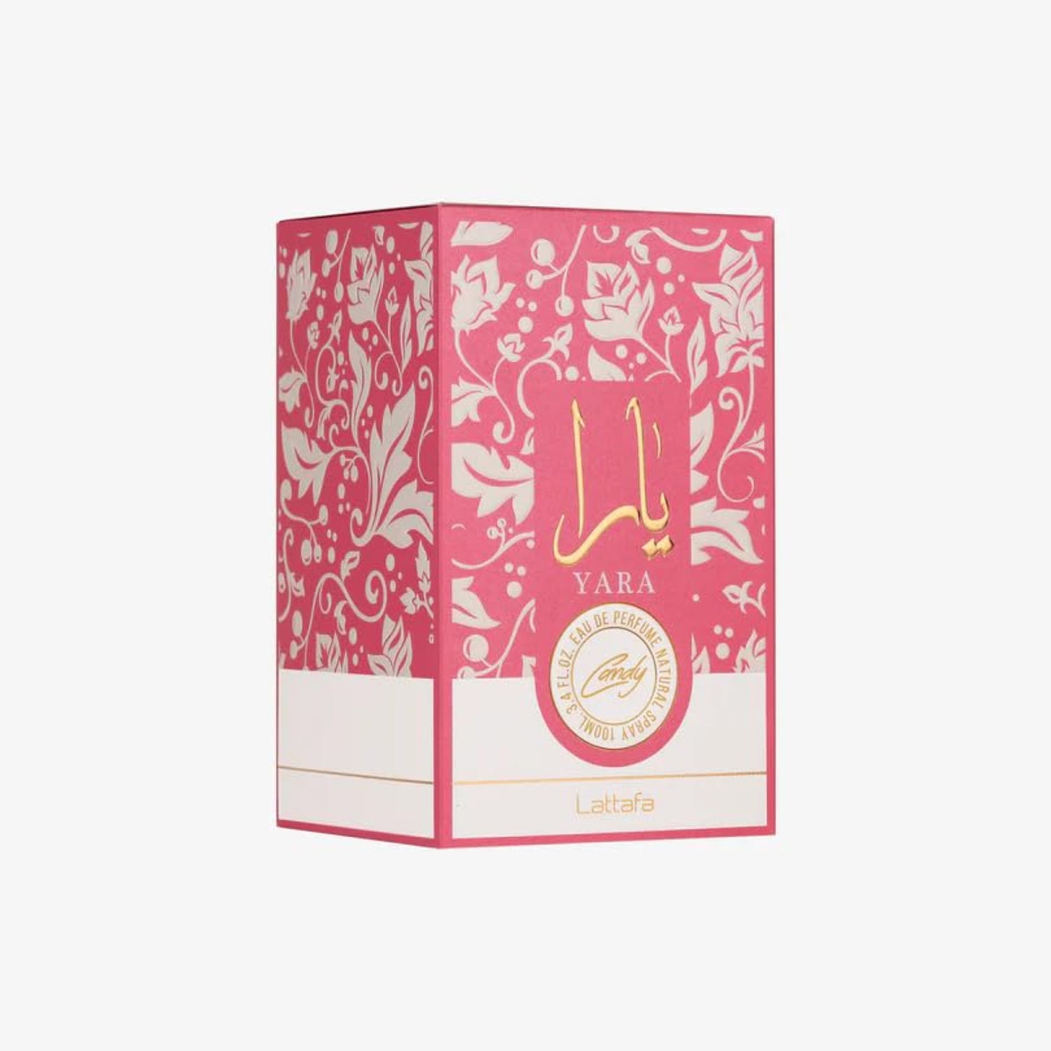 Lattafa Yara Candy for Women Eau de Parfum bottle, 2.4 fl oz, with elegant packaging and floral scent accents.