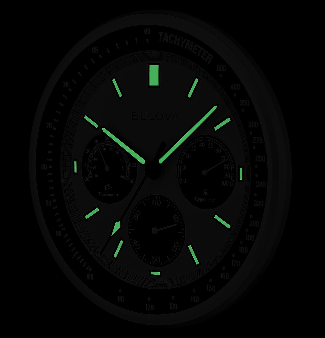 Bulova Lunar Pilot wall clock with matte silver finish and temperature display, featuring detailed lunar-inspired design.