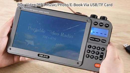720P 7-inch screen AM FM radio with Bluetooth speaker and rechargeable battery, featuring video playback and media controls.