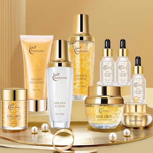 Golden Facial Skin Care Set with Cleanser, Toner, Lotion, Face - Product Imagery