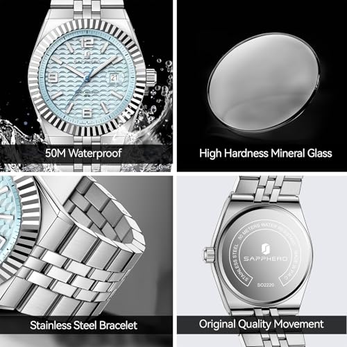 SAPPHERO Mens Watches Men’s Quartz Analog Watch Stainless Steel - Product Imagery