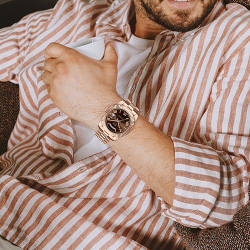 NIBOSI Men's Analog Quartz Watch, Rose Gold Stainless Steel, Day - Product Imagery