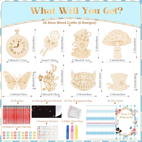 24 Pcs Alice Party Favors, DIY Wooden Painting Crafts Kit with - Product Imagery