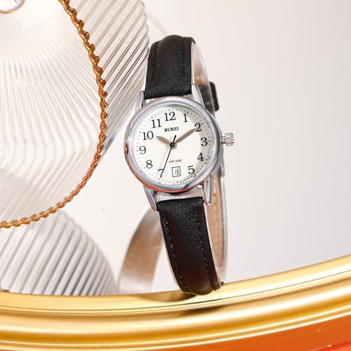 BUREI Women's Black Fashion Leather Strap Watch, Simple Luminous - Product Imagery