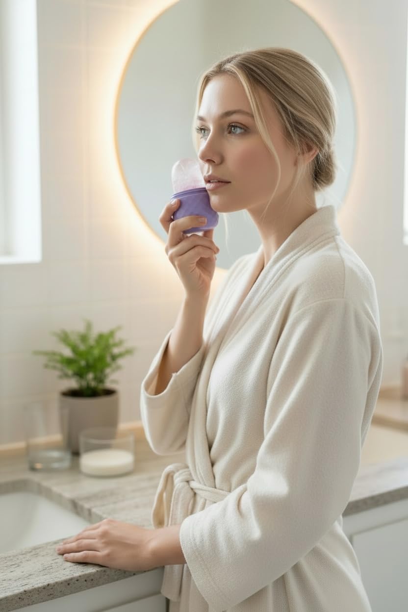 Silicone ice roller face for cooling and depuffing, beauty tool with textured surface for skincare use.