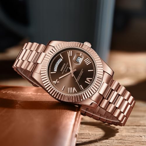 NIBOSI Men's Analog Quartz Watch, Rose Gold Stainless Steel, Day - Product Imagery