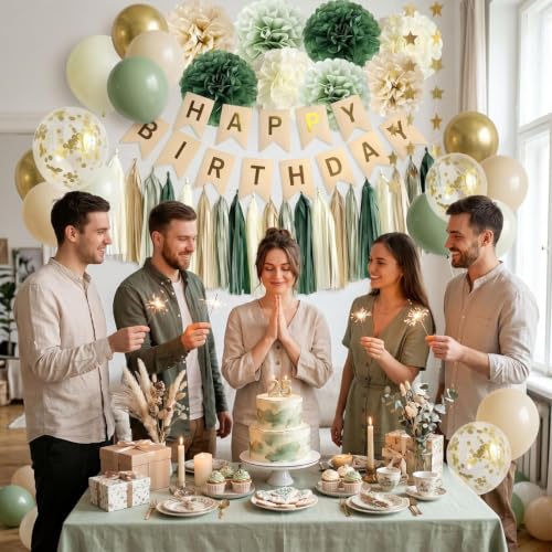 ANSOMO Sage Green Happy Birthday Party Decorations Retro Green - Product Imagery