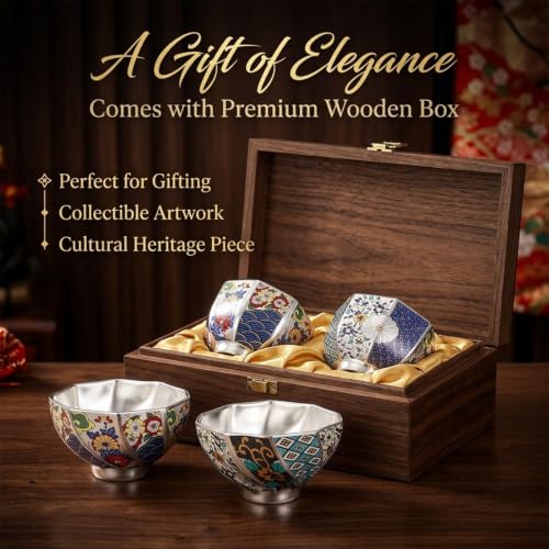 999 Pure Silver Chinese Gongfu Tea Cup, Enamel Floral Ceramic - Product Imagery