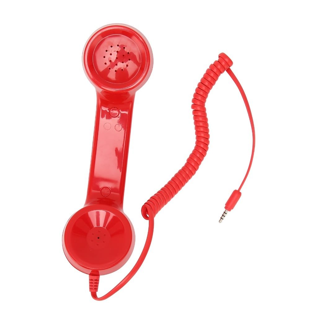 MOPFOL retro red phone handset with 3.5mm jack and coiled cord, vintage style anti-radiation headphones for smartphones and computers