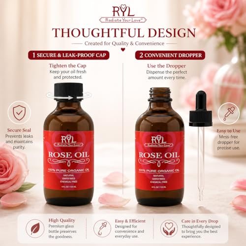 Rose Essential Oil Organic, Large 4 Fluid Ounce, 100% Pure - Product Imagery