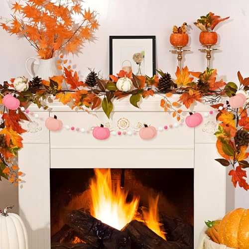 8.6FT Felt Pumpkin Garland Fall Pom Pom Banner Decorations, - Product Imagery