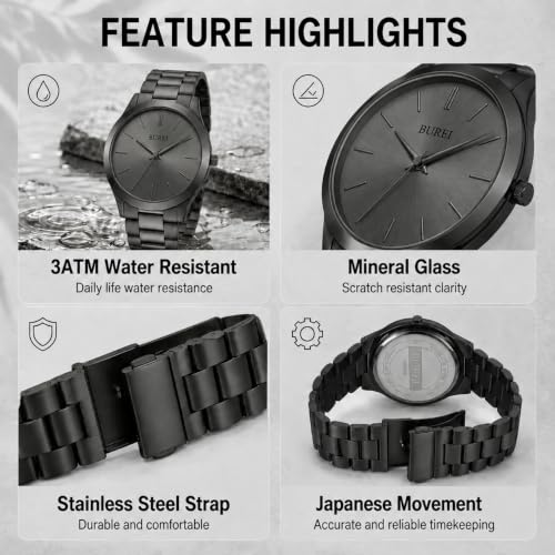 BUREI Men's Wrist Watch, Analog Stainless Steel Dress Waterproof - Product Imagery