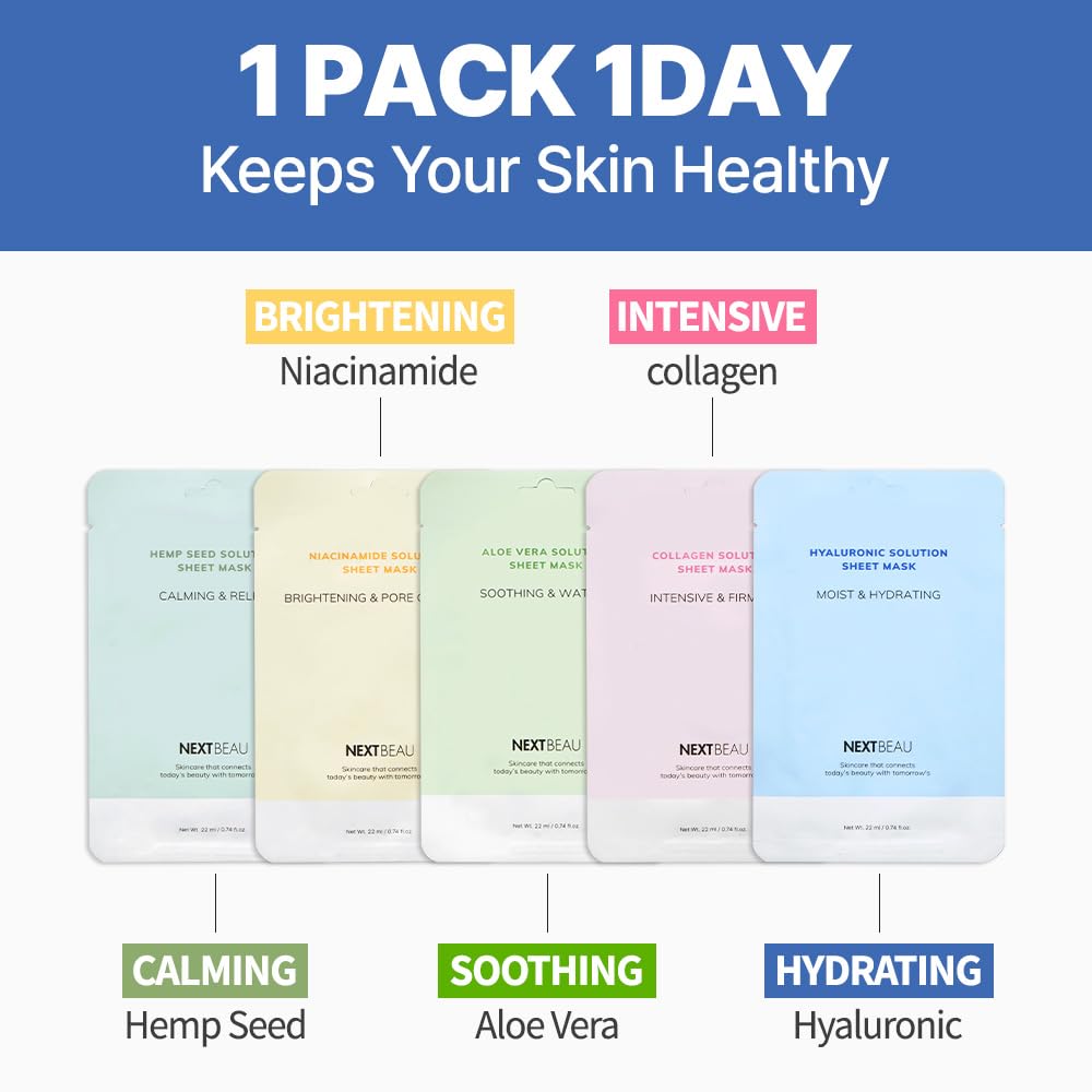 Solution Sheet Mask Variety Pack, 10 Count (5 Types x 2 Sheets), - NEXTBEAU