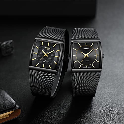 NIBOSI Men's Analog Watch, Square Dial Mesh Strap, Date Display - Product Imagery