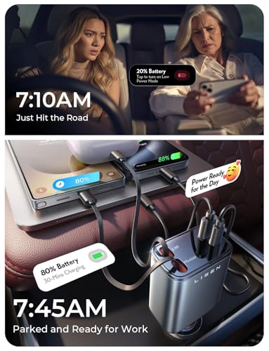 LISEN Retractable Car Charger, 84W Car Charger USB C Fast - Product Imagery