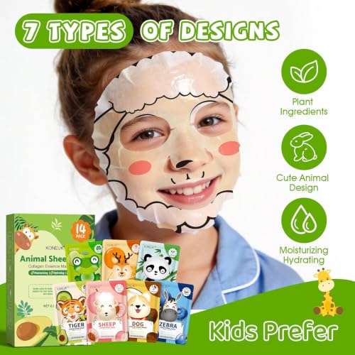 KONEUK 14 Pack Kids Face Mask Set, Cute Animal Face Masks - Product Imagery