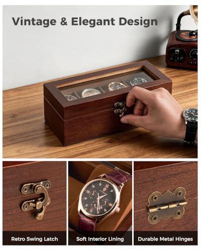 ProCase 4 Slot Wooden Watch Display Case With Glass Lid, - Product Imagery