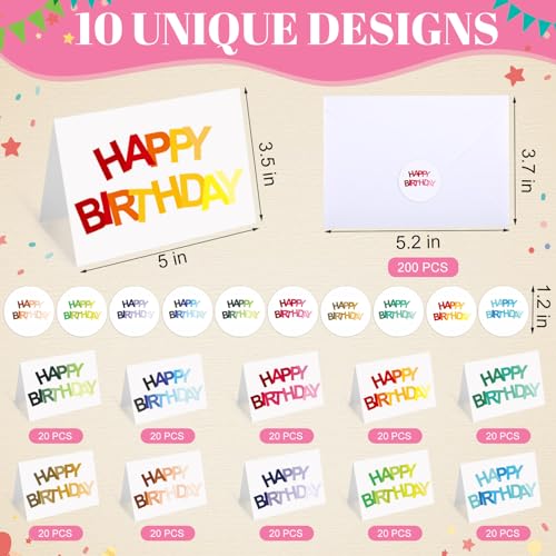 Gueevin 200 Pcs Happy Birthday Cards Bulk with Envelopes & - Product Imagery