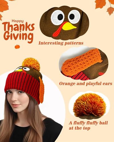QLINLEAF Thanksgiving Pom Pom Beanie Hats, Turkey Trots Dress Up - Product Imagery