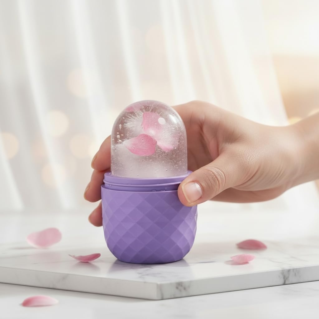 Silicone ice roller for face, a DIY cooling depuffing beauty tool with textured surface for soothing skincare.