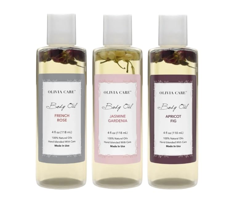 Olivia Care Body Oil Trio - Apricot Fig, French Rose & Jasmine Gardenia (3 pack - 4 fl. oz. each) - Natural Body Oils For Women/After Bath Body Moisturizers, Rich in Vitamin E, K, & Omega fatty Acids - Olivia Care Official Product View 1