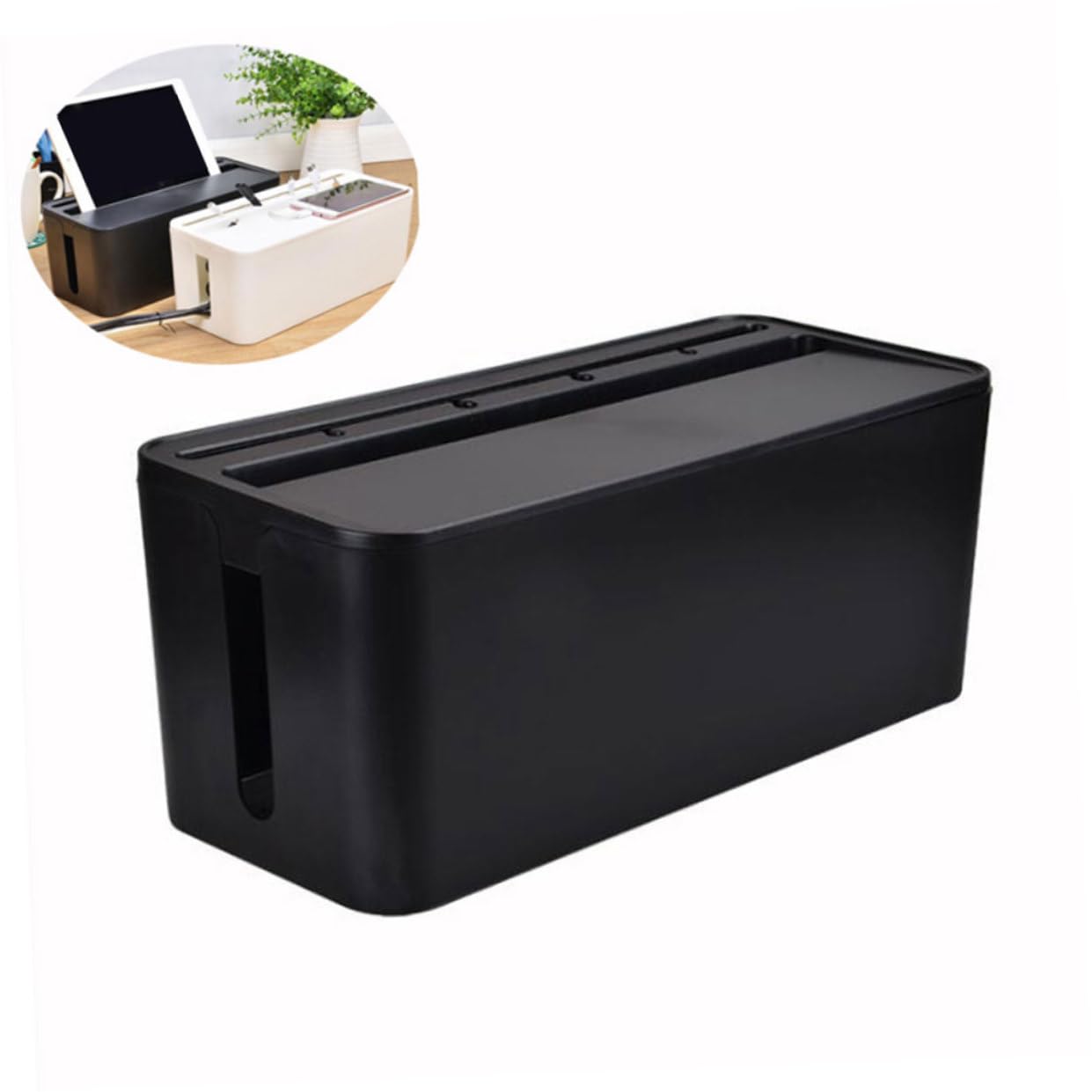 Housoutil Black Plastic Wire Organizer Box with Lid for Cable Storage