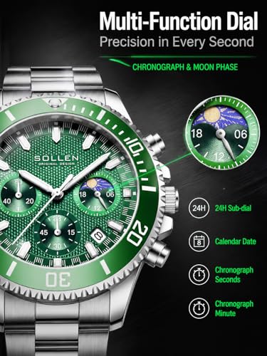 Green Men's Chronograph Watch, Dress Classic Analog Moon Phase - Product Imagery